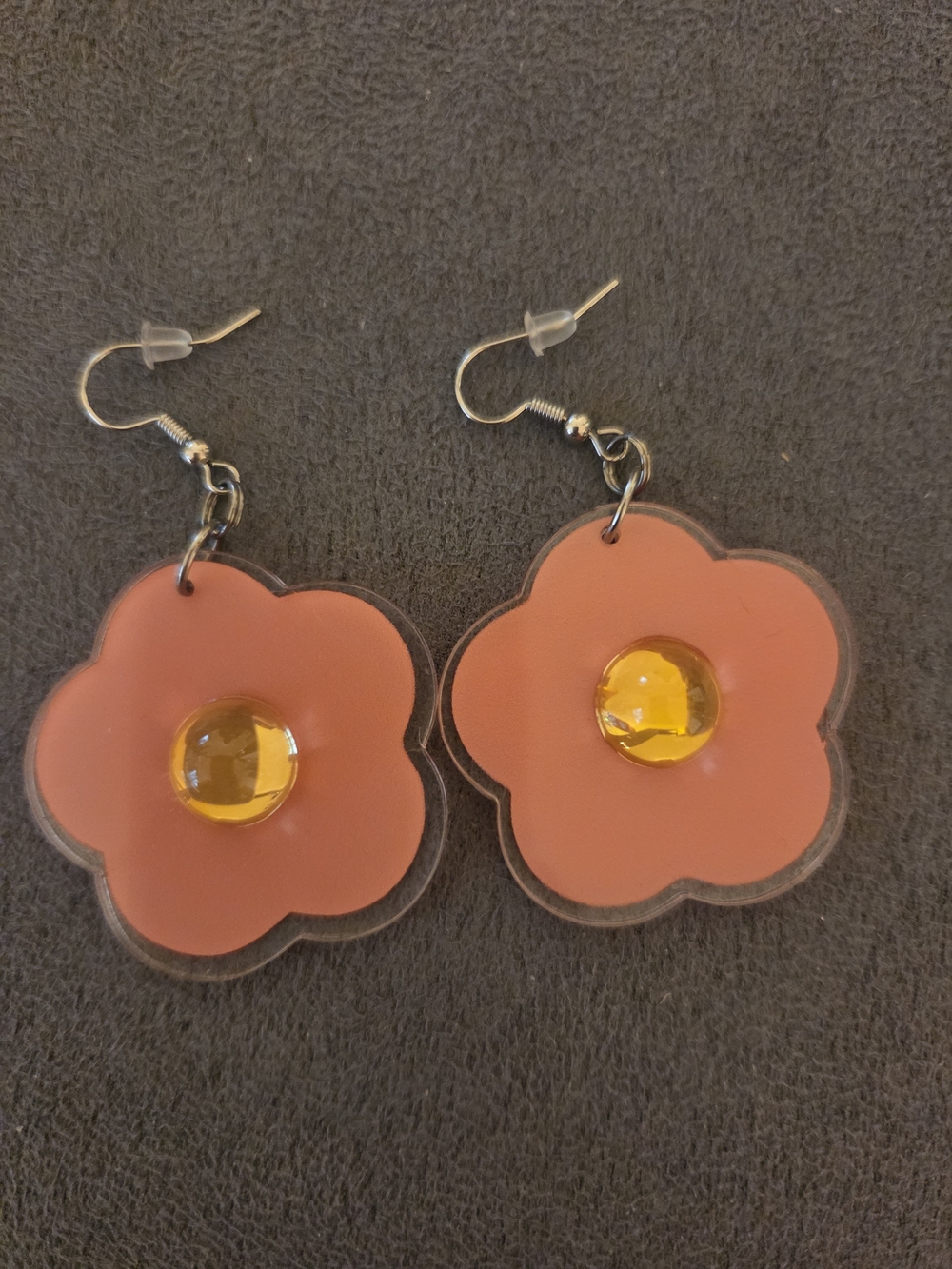 Pink Flower Drop Earrings with Amber Center